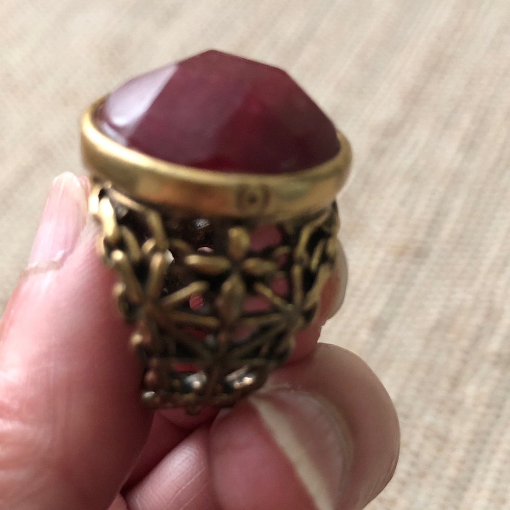 Gold Filigree Statement Ring with Deep Red Gemstone